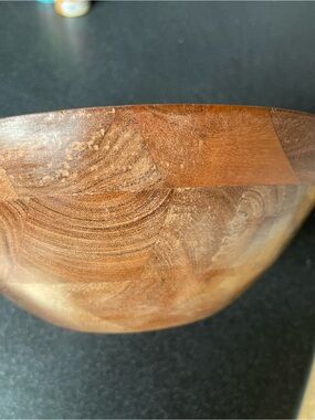 Acacia wood salad / fruit bowl with cream enamel interior - NWT